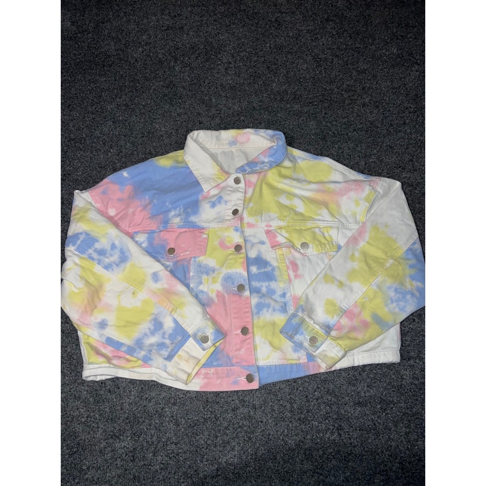 SHEIN Womens 3XL Tie Dye Denim Jacket Pastel Pink Blue Yellow Pink Cotton Blend